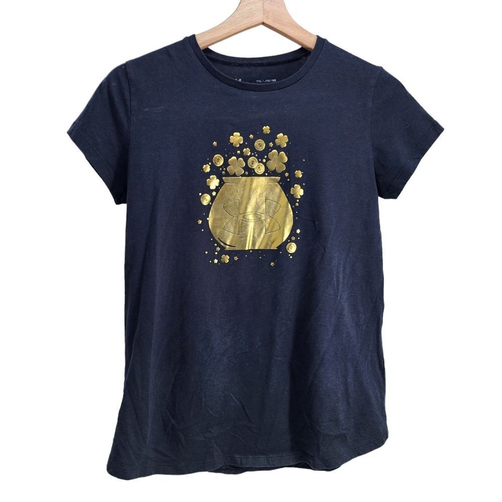 Under Armour UA Tshirt Bucket of Gold with 4 Leaf Clovers Girls‎ Size YXL Black